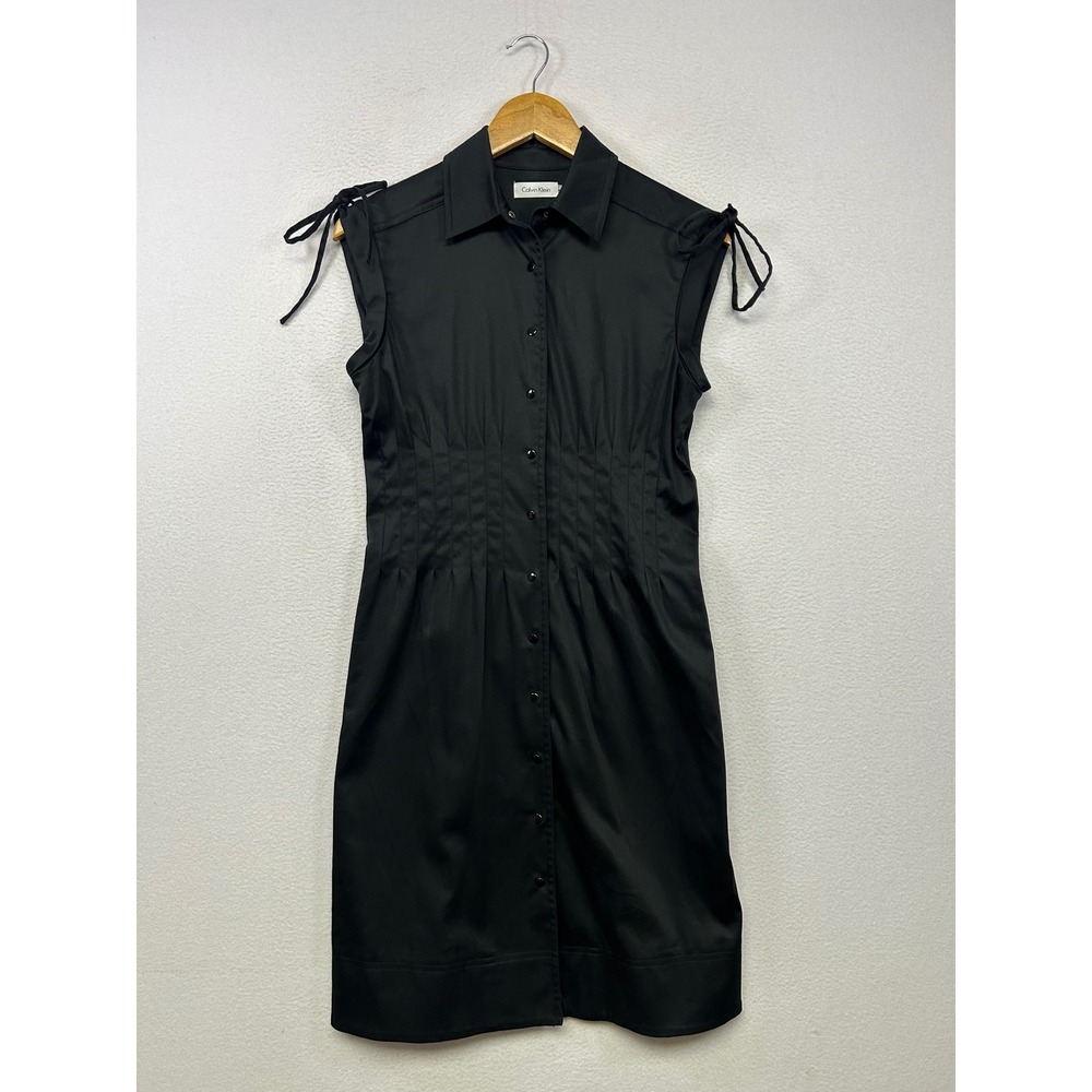 Minimalist Calvin Klein Womens 4 Black Sleeveless Pleated Waist Tie Shirt Dress